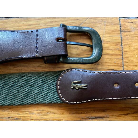 Vintage LACOSTE Green Woven Fabric Belt w/Leather Trim sz XS/S - Picture 3 of 9